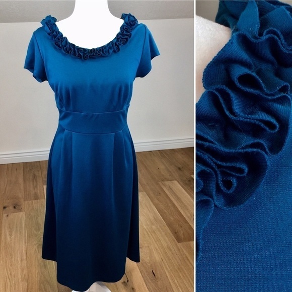 Vintage Teal Ruffle Neck Midi Dress Size S - Picture 1 of 5